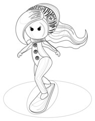 Vector image of a stylized image of a young sports girl on a snowboard. Outline style. Isolated over white background. EPS 10
