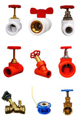 nine valves of various designs with automatic and manual control for a gas pipeline on a white background - 460902415