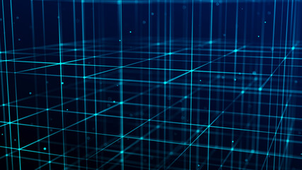 Technology blockchain concept. Dynamic movement of a digital data stream. Network connections structure. Big data visualization. 3D rendering.