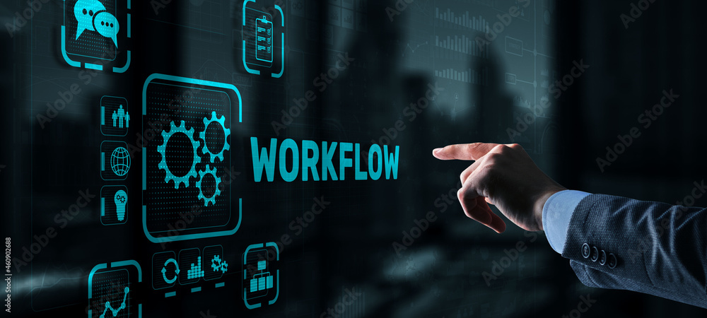 Poster workflow repeatability systematization buisness process. business technology internet