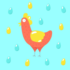 Vector illustration, EPS 10. Cute, red hen with big eyes. Cartoon style. Ykrayaya illustration. Blue background. For children's cartoons, games, textiles, and children's products.