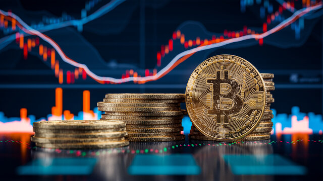 3d Illustration oder rendering von Bitcoin Stapel vor Diagrammen und Charts symbolisiert den Aktienmarkt von Kryptowährung