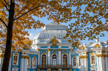 St. Petersburg, Russia - october 2021: Autumn foliage on the background of the Hermitage Pavilion...