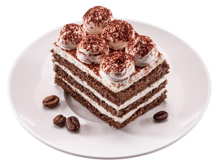 Slice of chocolate cake with tiramisu cream and cocoa powder on white plate isolated on white background.