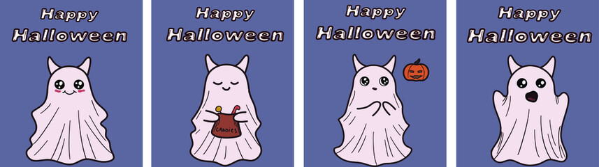 Set of vector cards with ghosts for halloween. Happy halloween lettering. Cute ghosts. Fear, fright. Postcards, posters for Halloween.