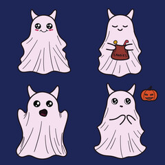 Collection of cute vector ghosts. Halloween ghosts. Ghost stickers. Halloween cards, happy halloween.