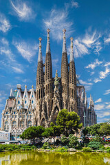 View of the Sagrada Familia in Barcelona with the cloudy sky