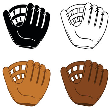 Baseball Glove Clipart Set - Outline, Silhouette and Colored