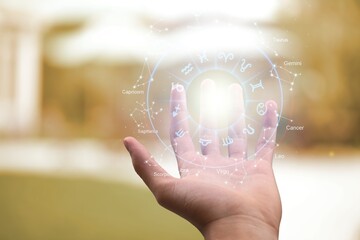 Zodiac signs inside of horoscope circle astrology and horoscopes concept on sky background