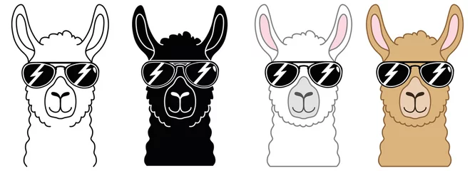 Foto op Canvas Cool Llama with Sunglasses Clipart Set - Outline, Silhouette and Color © Amarc