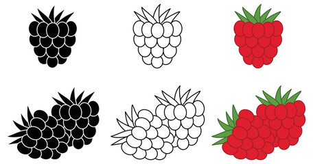 Raspberry Clipart Set - Outline, Silhouette and Colored © ATerra