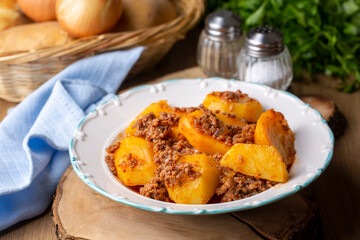 Traditional delicious Turkish food; meat potato dish (Turkish name; kiymali patetes)