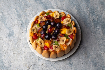 Delicious fruit cake (Turkish name; meyveli yas pasta, karisik meyveli yas pasta)