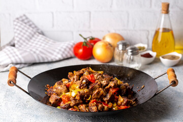 Meat saute in traditional pan - Sac kavurma, Turkish Food
