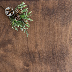 christmas decoration, wood background pine cones and branch