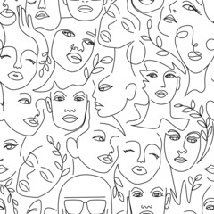 Seamless pattern with faces in a modern style. Vector minimal illustrations template for your design. Template for textiles, packaging, paper on a white background.