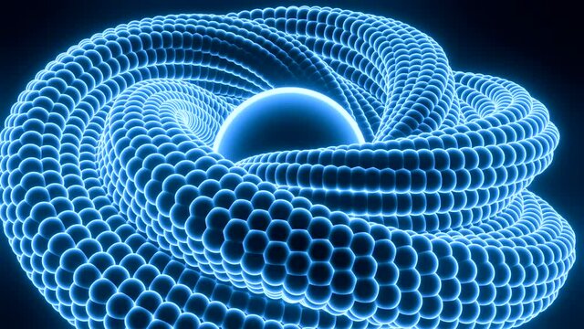 3D cord twisting into knot. Design. Spiral twists into knot around sphere. Sphere with swirling ring made of 3d spiral