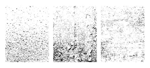 Set of concrete wall textures. Black dots and spots on white background. Grunge style, black on white. Uneven vector noise.