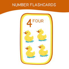 Cute number flashcards with animals set. Vector illustration.