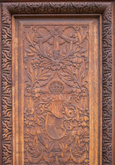 ornamental carved wood decoration at the Peles Castle in Sinaia city - Romania 28.Sep.2021 It is a palace built between 1873 and 1914 as the summer residence of the kings of Romania