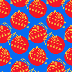 Piece of cake seamless pattern, bright blue red color. Pattern for design