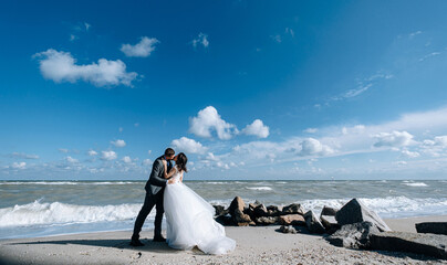 bride and groom newlyweds at the sea. lovely young couple, woman in wedding dress and man in suit...