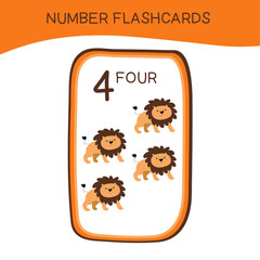 Cute number flashcards with animals set. Vector illustration.