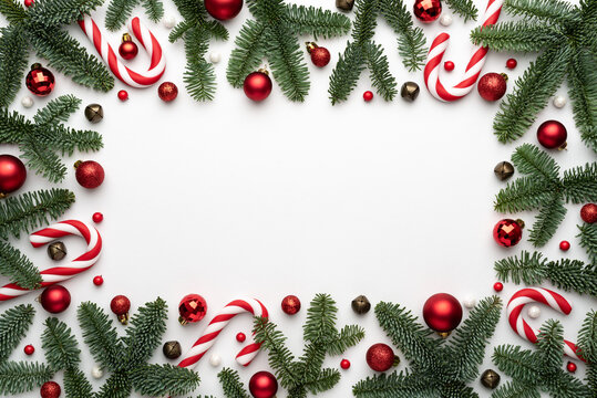 White background with holiday frame and Christmas balls, for design