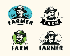 Farmer portrait, organic products logo. Agriculture, farm symbol. Vector illustration