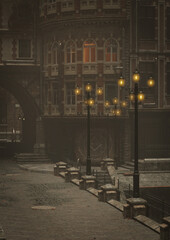 A 3d digital render of an empty Victorian city street at night in the fog.