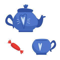Blue service set of a mug and a teapot with candy in a cartoon children s flat style. Vector illustration of a hot drink.