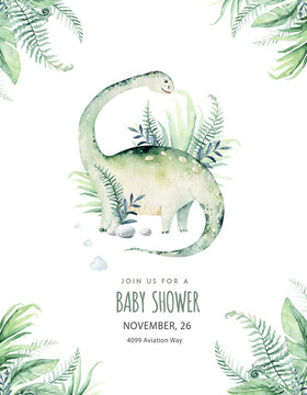 Cute cartoon baby dinosaurs collection watercolor baby shower invite, hand painted dino isolated on a white background for nursery poster decoration. Rex children funny art