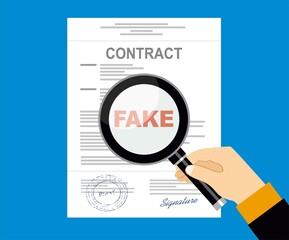 Fake contract with magnifying glass vector illustration