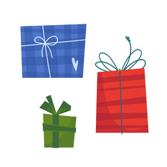 A set of gifts for the new year, christmas or birthday in cartoon childish flat style. Vector illustration of gifts in red, blue and green box.