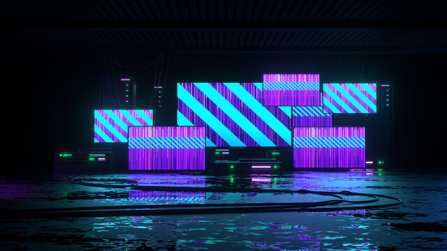 Futuristic modern background with screens, wet floor, wires and electronic devices created in the style of cyber punk. 3D rendering illustration.