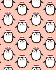 Vector seamless pattern of flat cartoon penguin in winter hat isolated on pink background