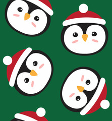 Vector seamless pattern of flat cartoon penguin face in hat isolated on green background