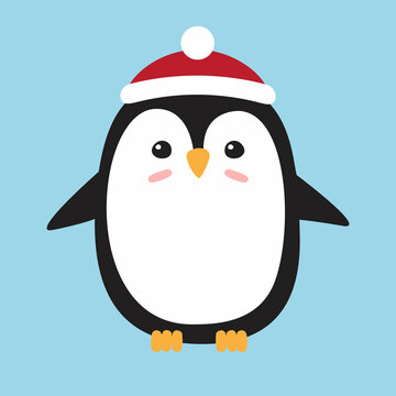 Vector flat cartoon penguin in winter hat isolated on blue background