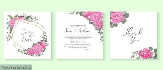 Fototapeta na wymiar Vector floral frame for a postcard. Pink peonies, gypsophila, green plants and flowers. Floral design for wedding invitation.
