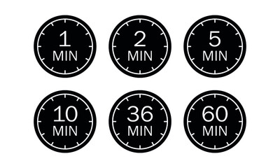 Minute timer icons set. Symbol for 1 minute, 2, 5, 10, 36 minutes and 1 hour. The arrow indicates the limited cooking time or deadline for an event or task. Countdown vector illustration