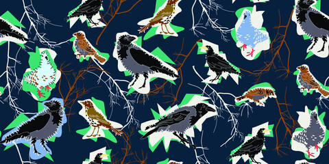 pattern with crow and other birds