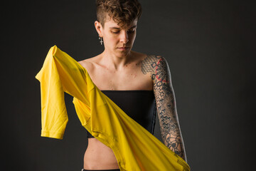 Lesbian Tomboy small breast bra problem wearing a Binder. Transgender non binary mid hispanic