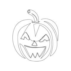 Pumpkin with carved face one line art. Continuous line drawing of halloween theme, harvest, autumn mood, vegetable, sign of autumn.