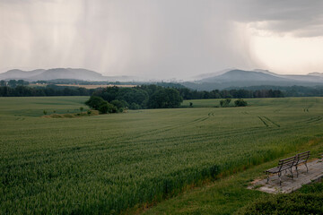 Moody rainy mountain landscape