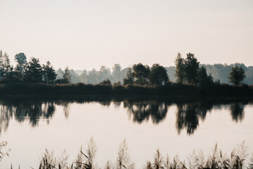 Lake in the morning, minimal landscape, Scandinavian style