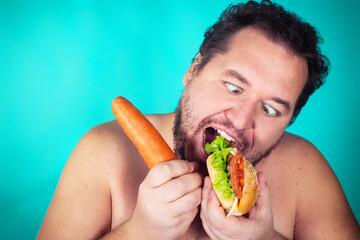 Diet and healthy lifestyle. Funny fat man. Blue background.