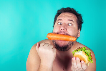 Diet and healthy lifestyle. Funny fat man. Blue background.