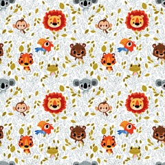 Seamless pattern with cute cartoon animals. Lion, bear, koala, frog, tiger, parrot and monkey portrait on a white background. Childish style, vector illustration.