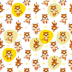 Seamless pattern with tigers athletes. Cartoon funny tigers are engaged in fitness and yoga in different poses on a white background. Vector children s illustration for packaging and textiles.