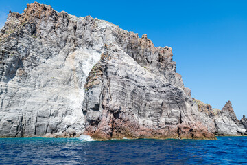 Fototapeta na wymiar Lipari (Aeolian archipelago), Messina, Sicily, Italy: view of the rocky coast of Basiluzzo island.